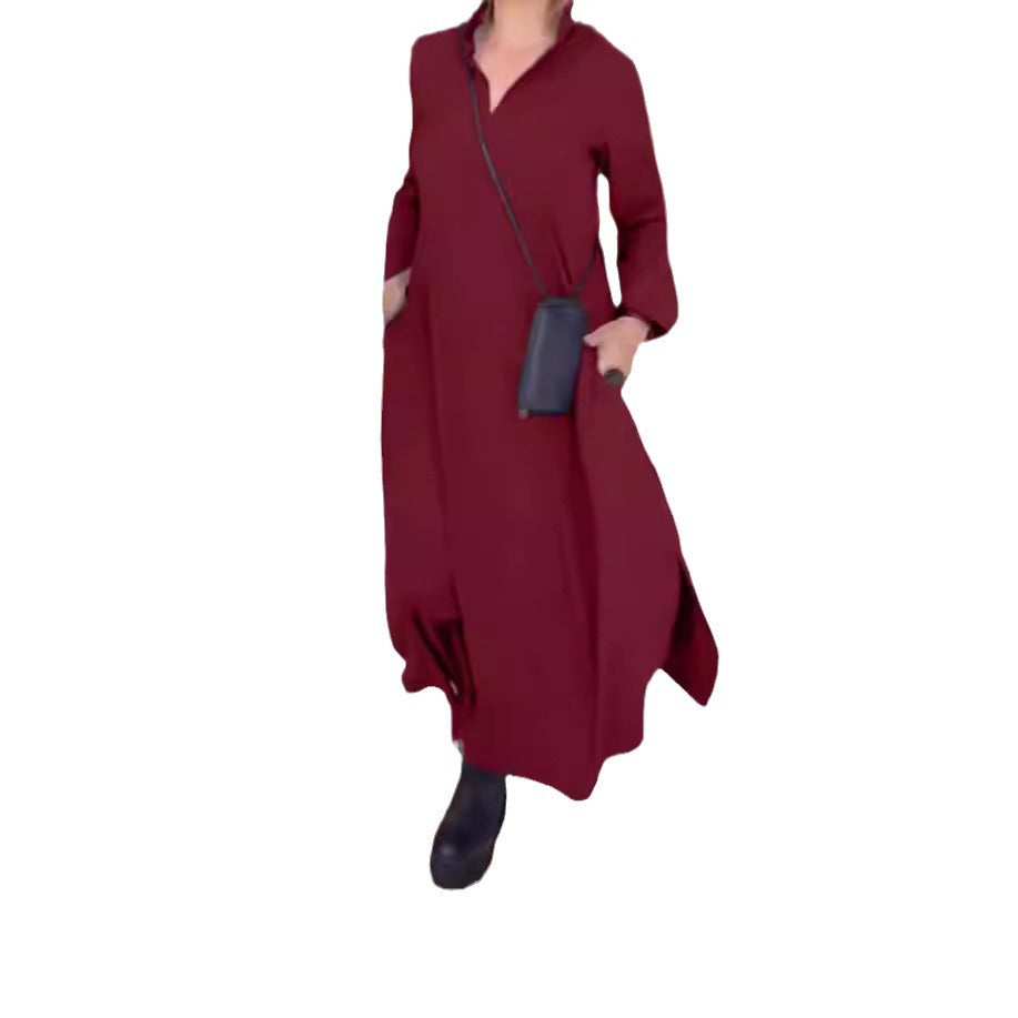Damen nan fließendes Maxikleid mit V-Ausschnitt, kastiger A-Linie und langen Ärmeln