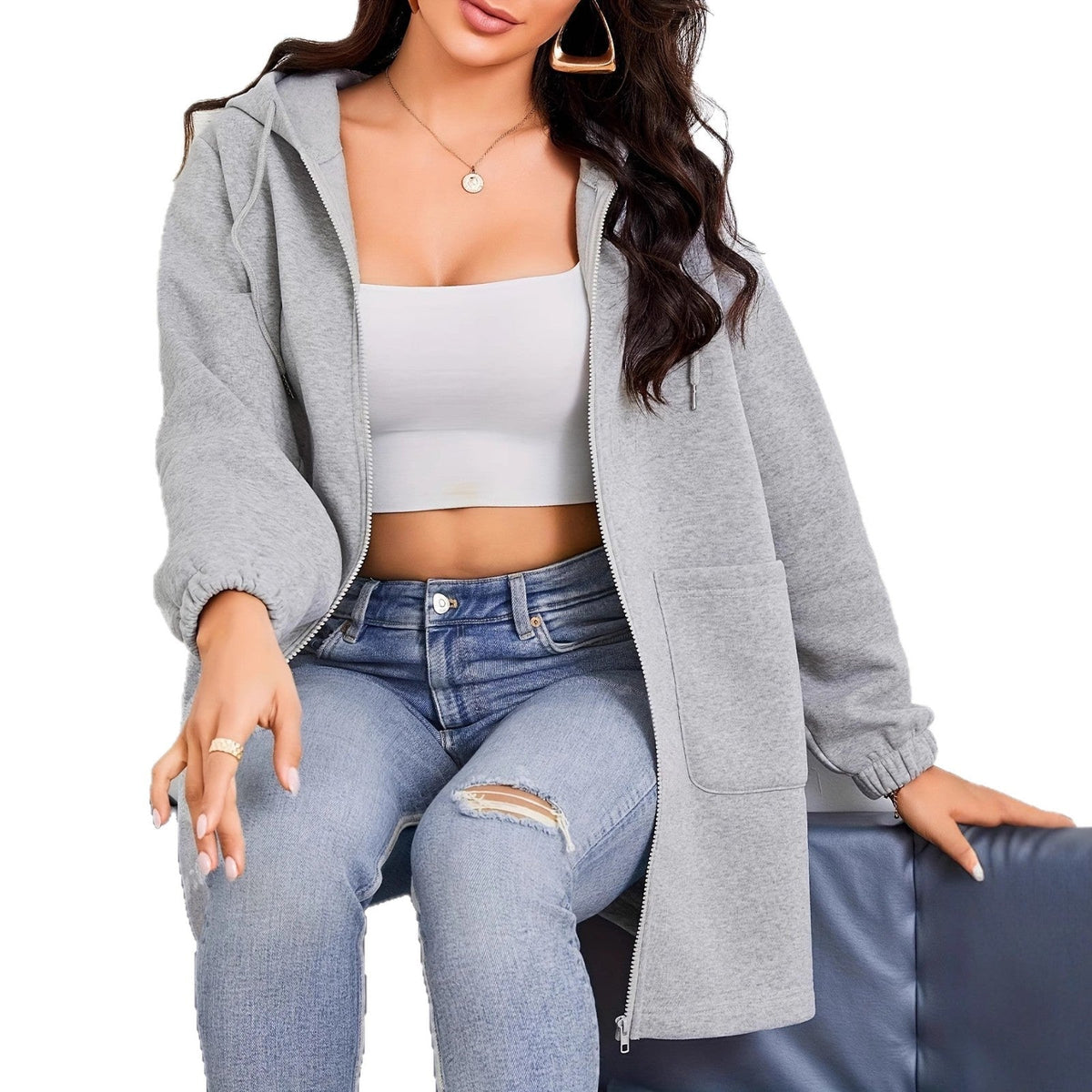 Damen nan Longline-Kapuzenjacke mit durchgehendem Reißverschluss, Kängurutaschen und elastischen Bündchen