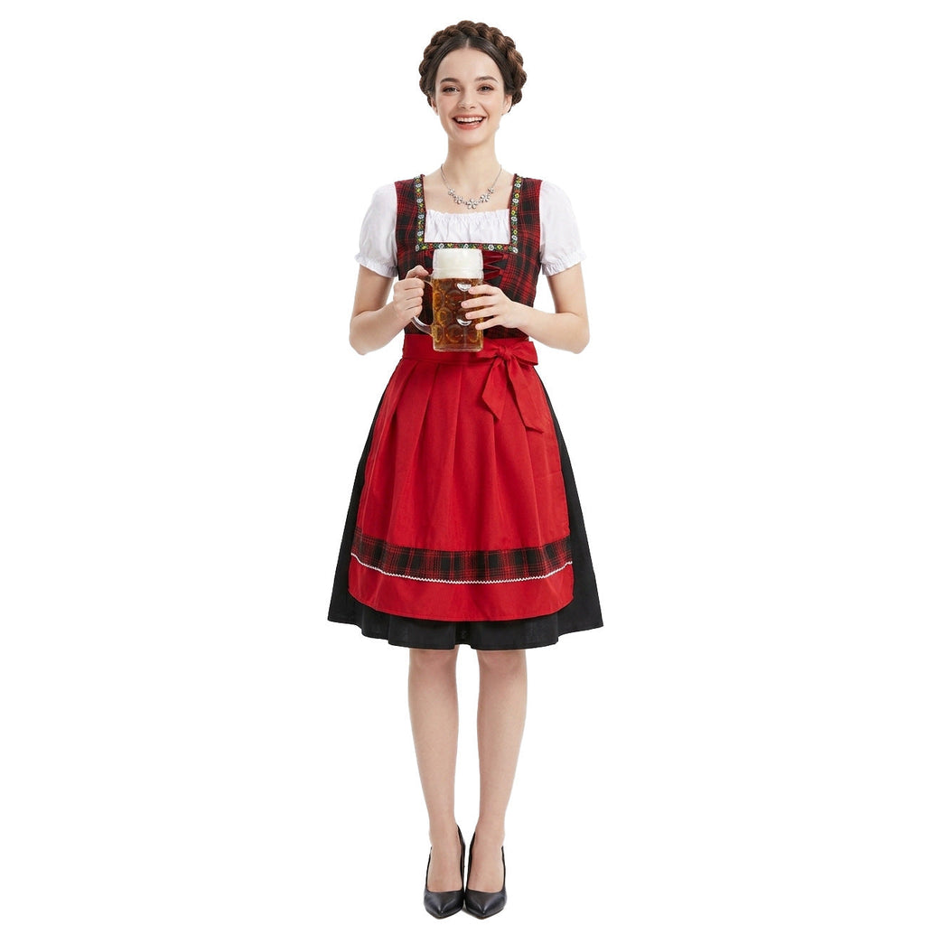 Damen nan traditionelles Dirndlkleid mit Schürze geschnürtem Mieder und kariertem Oberteil