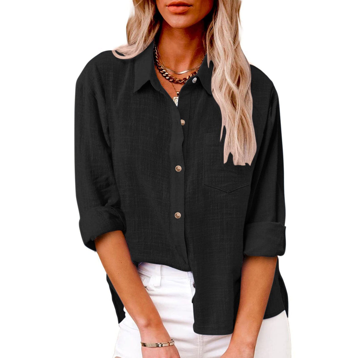 Damen nan oversized Leinen-Baumwollmix Hemdbluse mit Brusttasche und krempelbaren Ärmeln