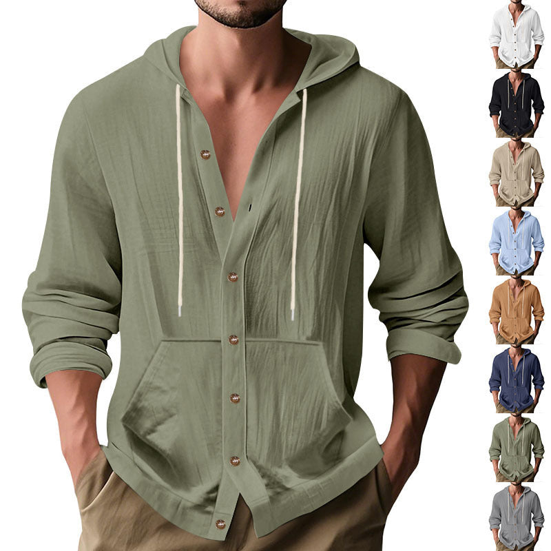 Herren nan figurbetonte Kapuzenhemd-Jacke aus Baumwollmix mit Druckknopfleiste und Kängurutasche