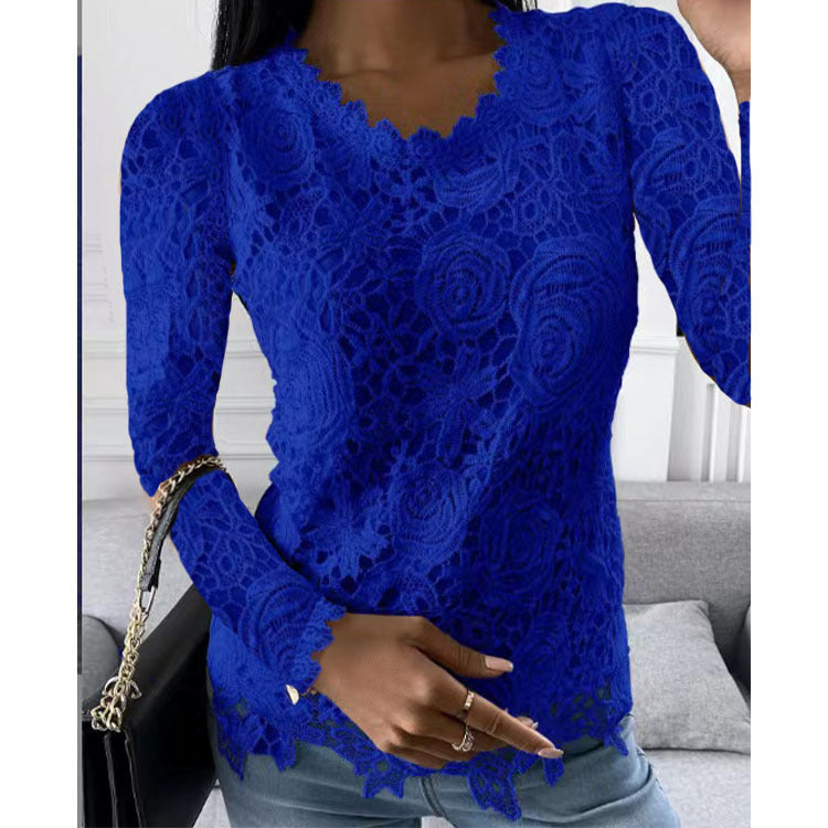 Damen nan figurbetonte Spitzenbluse mit floraler Allover-Spitze, Langarm und gezacktem Saum