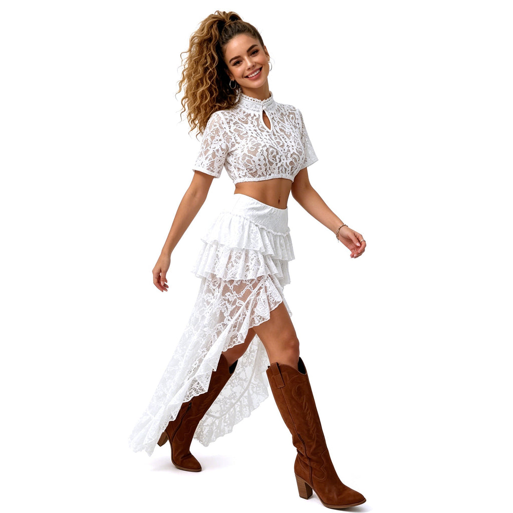 Damen nan Spitzen-Cropped-Bluse mit Stehkragen und keyhole-Detail