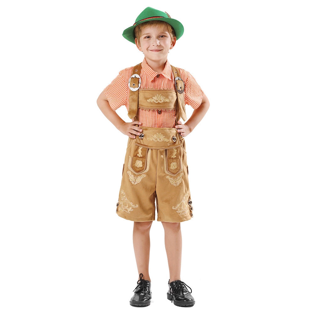 Herren nan traditionelle Kinderlederhose kurz mit aufwendiger Stickerei, Latztasche und verstellbaren Trägern