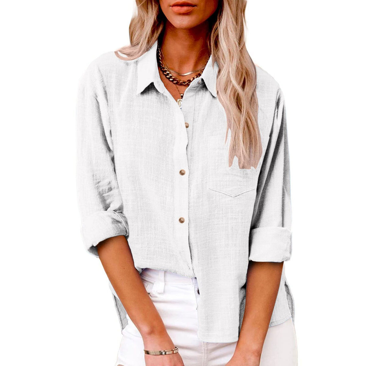 Damen nan oversized Leinen-Baumwollmix Hemdbluse mit Brusttasche und krempelbaren Ärmeln