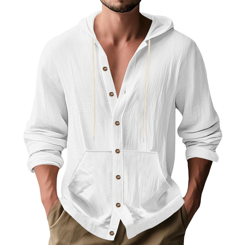 Herren nan figurbetonte Kapuzenhemd-Jacke aus Baumwollmix mit Druckknopfleiste und Kängurutasche