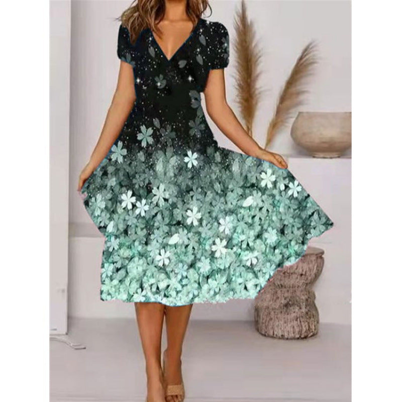 Damen A-Linie Sommerkleid mit V-Ausschnitt und floralen Akzenten Selmira