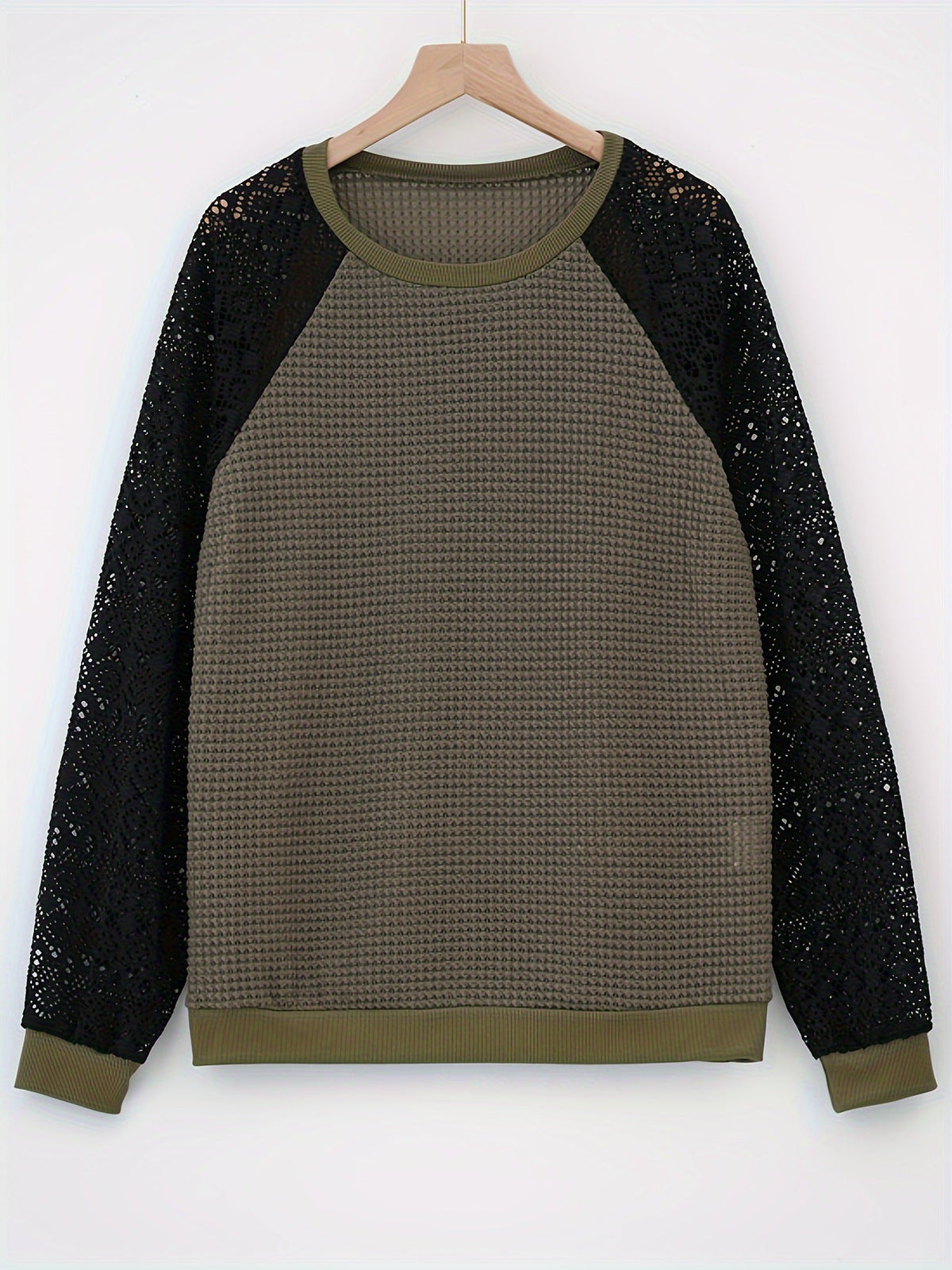 Damen nan Pullover mit Waffelstruktur, Raglanform und transparenter Spitzenärmel