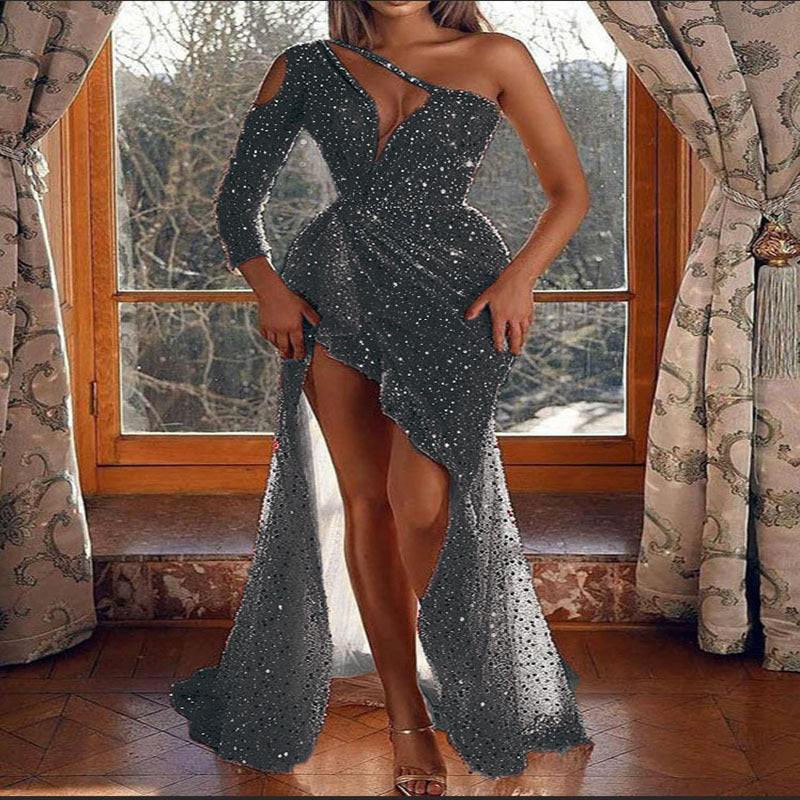 Damen Festliches Cocktailkleid mit glitzerndem Oberteil und asymmetrischem Design Selmira