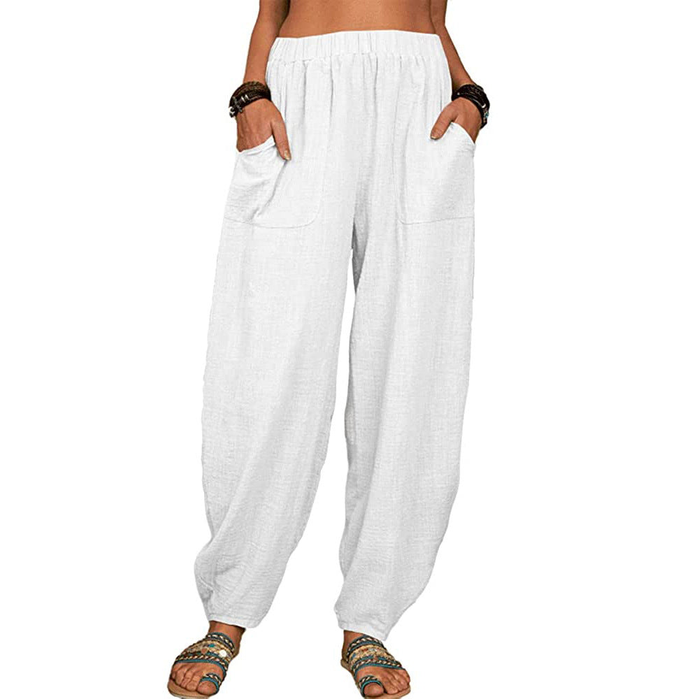 Damen nan lockere Leinenhose mit weitem Bein elastischem Bund und großen aufgesetzten Taschen