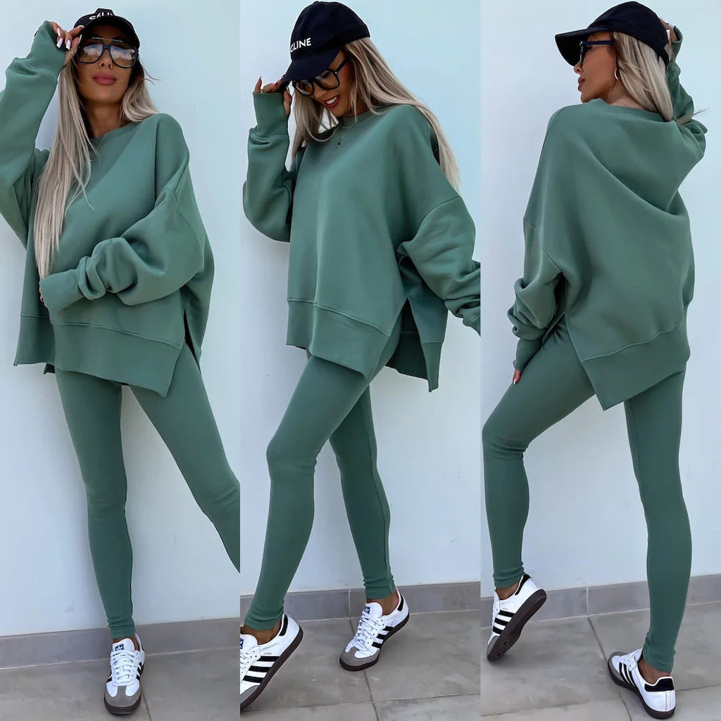 Damen nan Oversize Sweatshirt mit taillierten Rib-Leggings Set