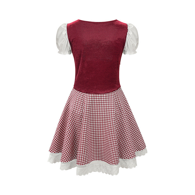 Damen nan Trachtenkleid im Vichy-Stil mit Puffärmeln, Schnürkorsett und Spitzenschürze