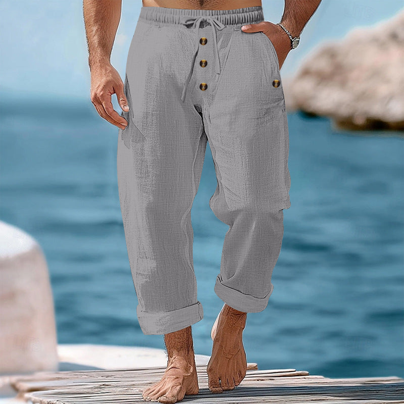 Herren nan lässige atmungsaktive Leinenhose mit Kordelzug Knopfleiste und aufgerollten Bündchen