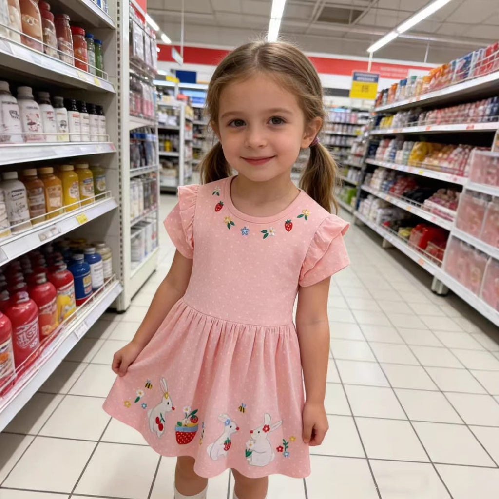 Mädchen Tüllkleid mit niedlichen Hasen- und Blumenstickereien
