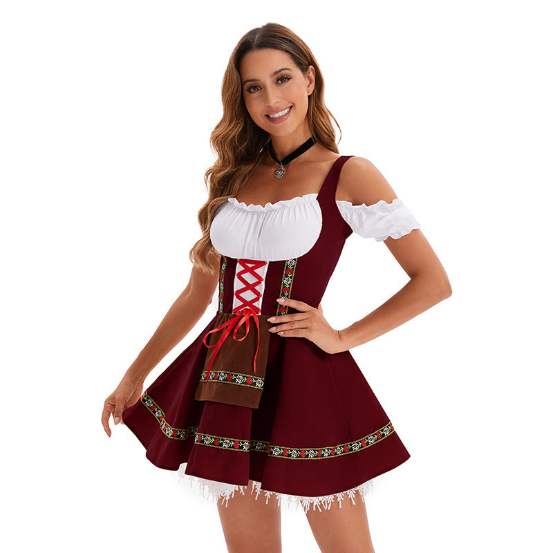 Damen nan traditionelles Oktoberfest Dirndl Minikleid mit Schnürung und abnehmbarer Schürze