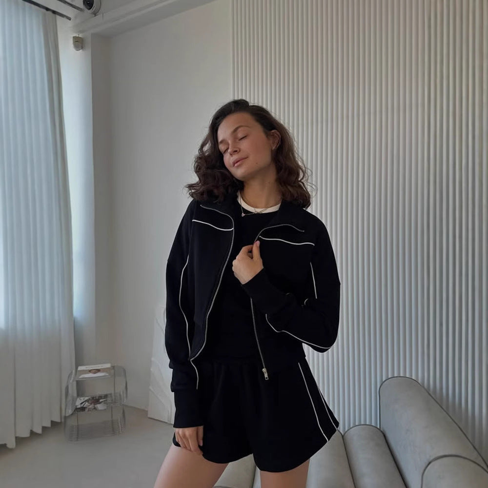 Damen nan athletischer Zweiteiler mit formendem Sportbustier, taillierter Highwaist-Sweatshorts und Zip-Hoodie
