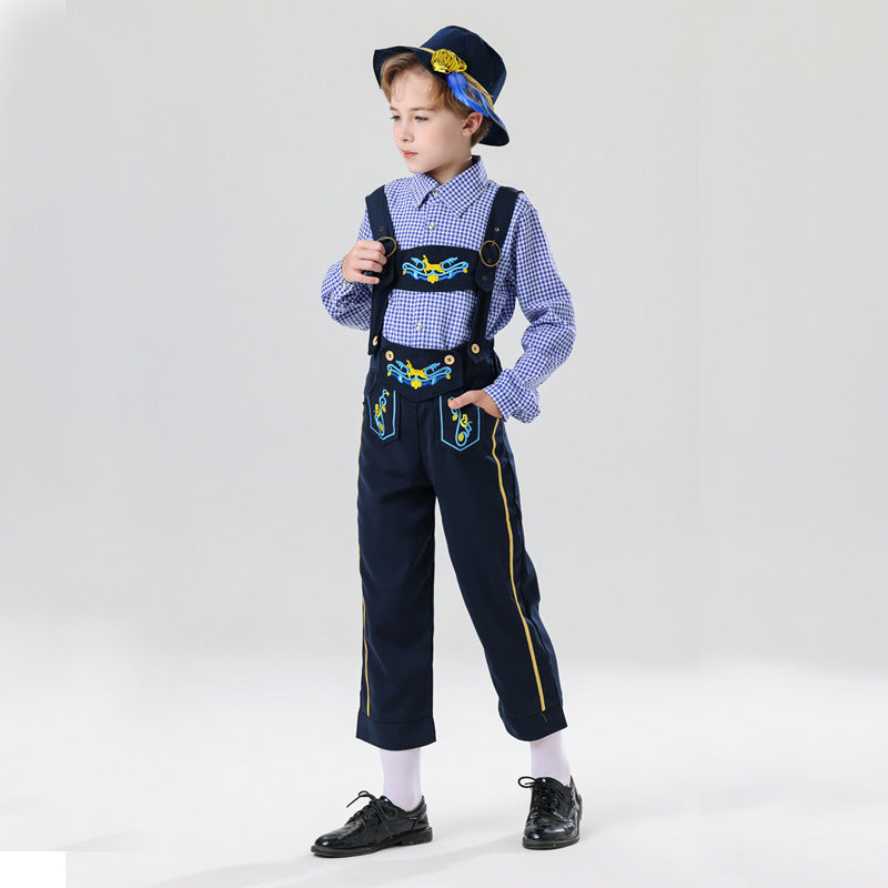 Herren nan bestickte Kindertracht Latzhose mit verstellbaren Hosenträgern und Kontrastnähten