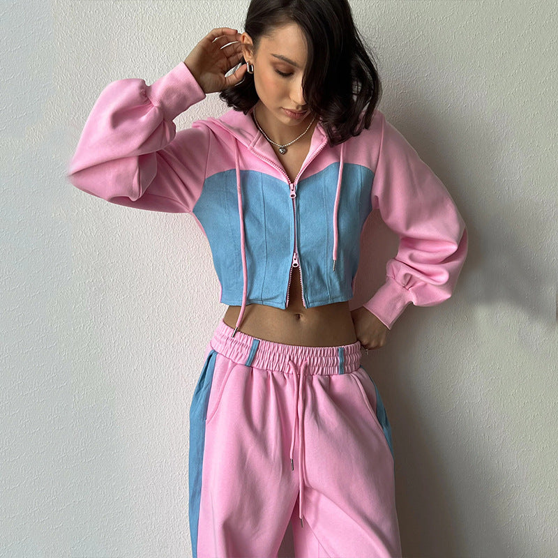 Damen nan zweiteiliges Cropped-Hoodie-Set mit Reißverschluss, elastischem Komfortbund und weitem Seitenstreifen-Hose