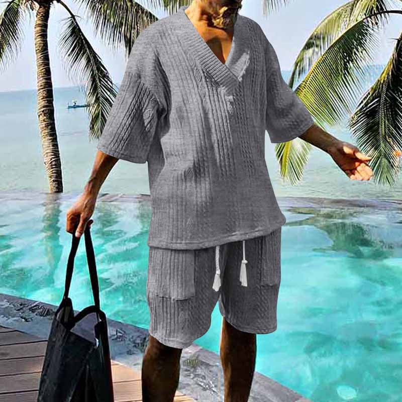 Herren nan lässiges Strick-Set mit V-Ausschnitt, Kurzarm-Oversize und Kordelshorts
