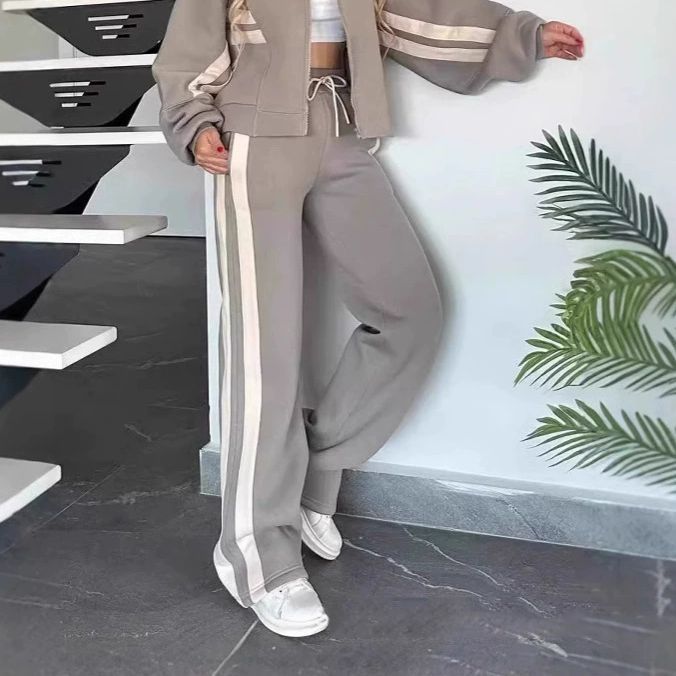 Damen nan athletisches Zweiteiler-Set aus French Terry mit Reißverschluss Cropped Jacke und weitem Highwaist Jogger