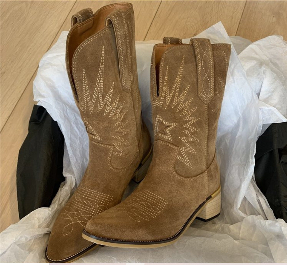 Damen nan Wildleder Westernstiefel mit spitzer Kappe und mittelhohem Blockabsatz