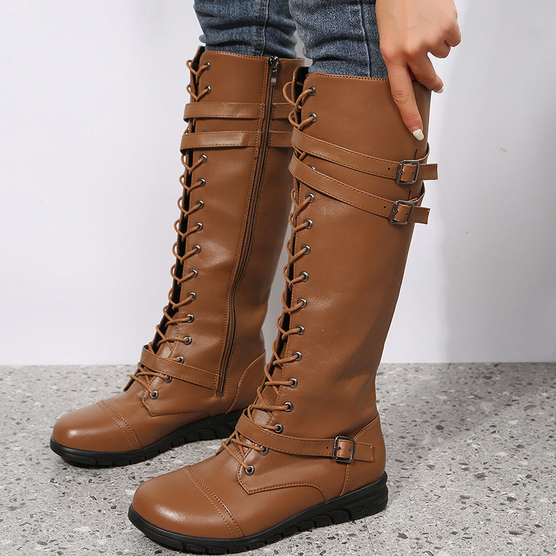Damen nan kniehohe Military‑inspirierte Schnürstiefel mit seitlichem Reißverschluss verstellbaren Ziergurten und stoßdämpfender Profilsohle