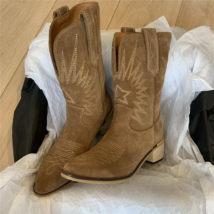 Damen nan Wildleder Westernstiefel mit spitzer Kappe und mittelhohem Blockabsatz
