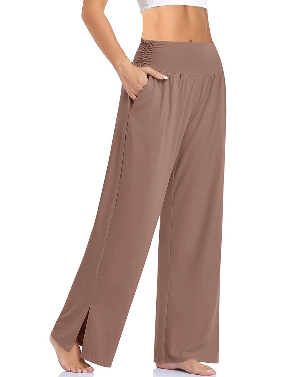 Damen nan weite Yogahose mit hohem Komfortbund, seitlichen Eingrifftaschen und seitlichem Bein-Schlitz