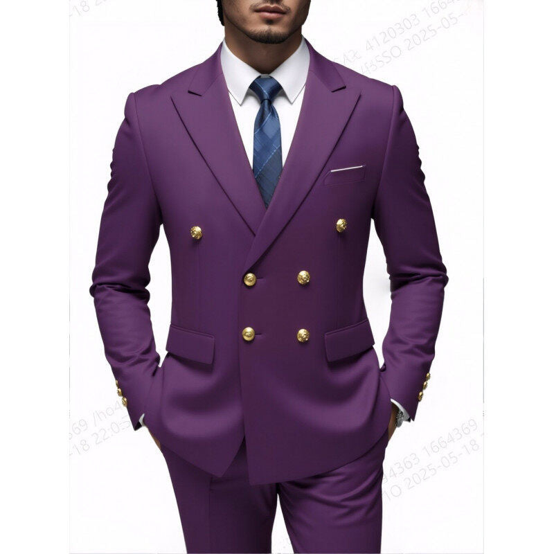 Herren nan doppelreihiger Slim-Fit Anzug mit goldenen Zierknöpfen und schmaler Businesshose