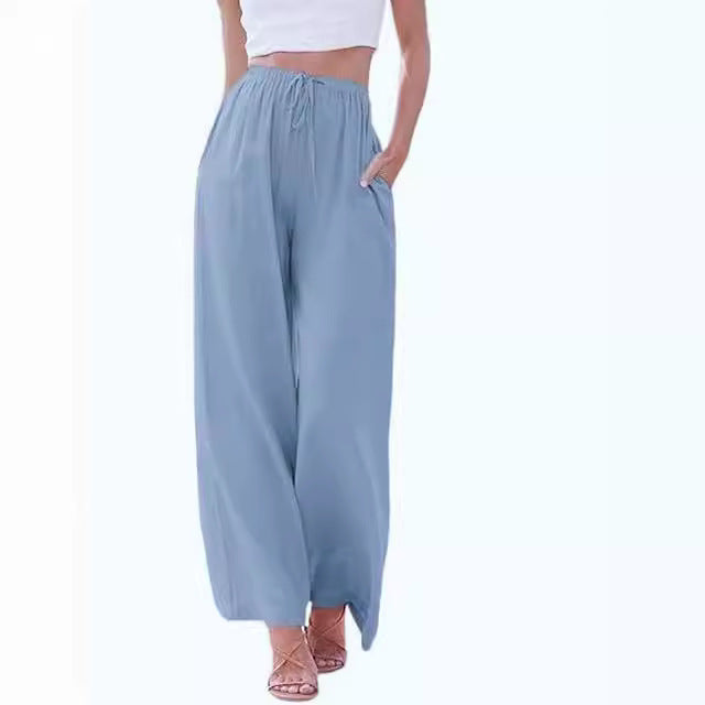 Damen nan weite Leinenhose mit elastischem Bund Kordel und Seitentaschen