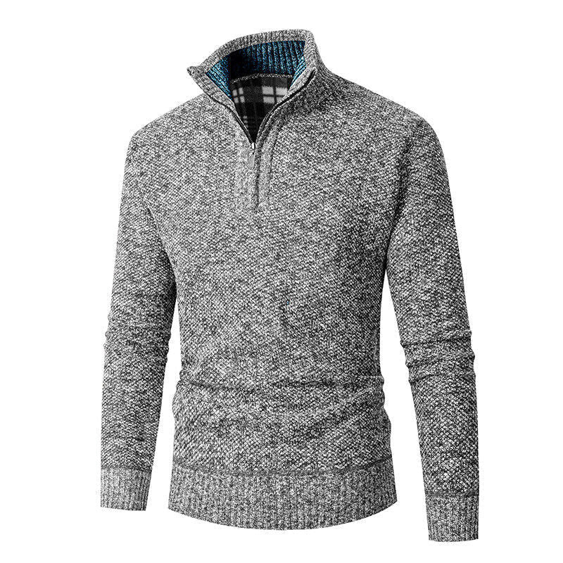 Herren nan grobgestrickter Halfzip-Pullover mit Stehkragen und karierter Krageninnenseite