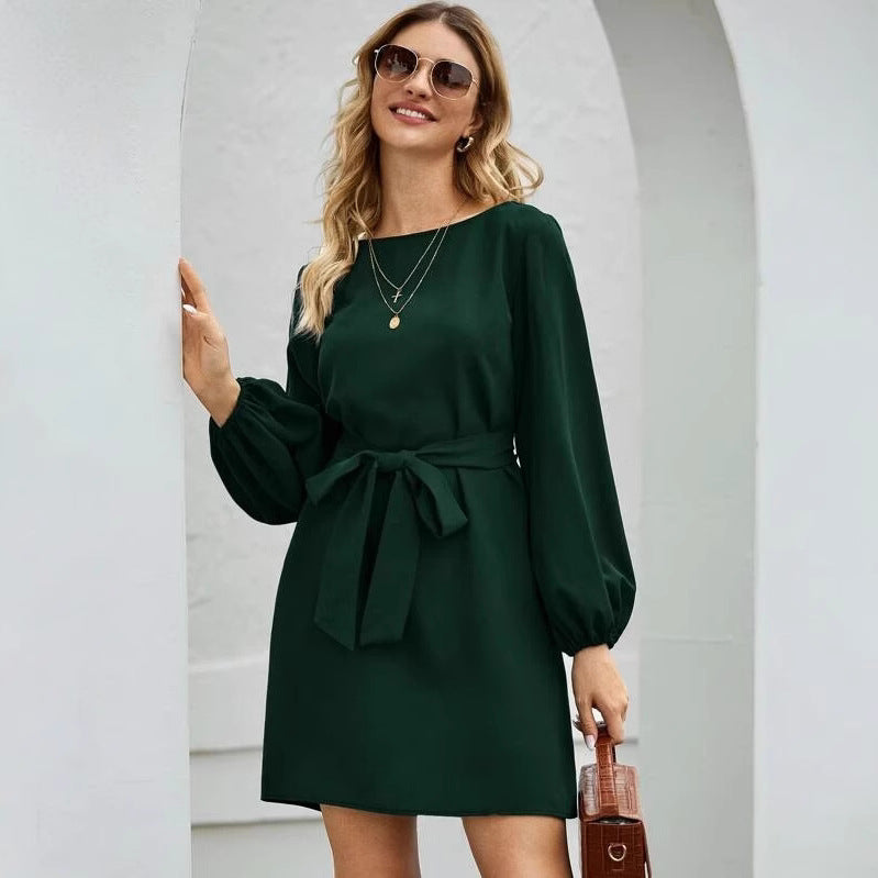 Damen nan elegantes Etuikleid mit Ballonärmeln und Taillengürtel