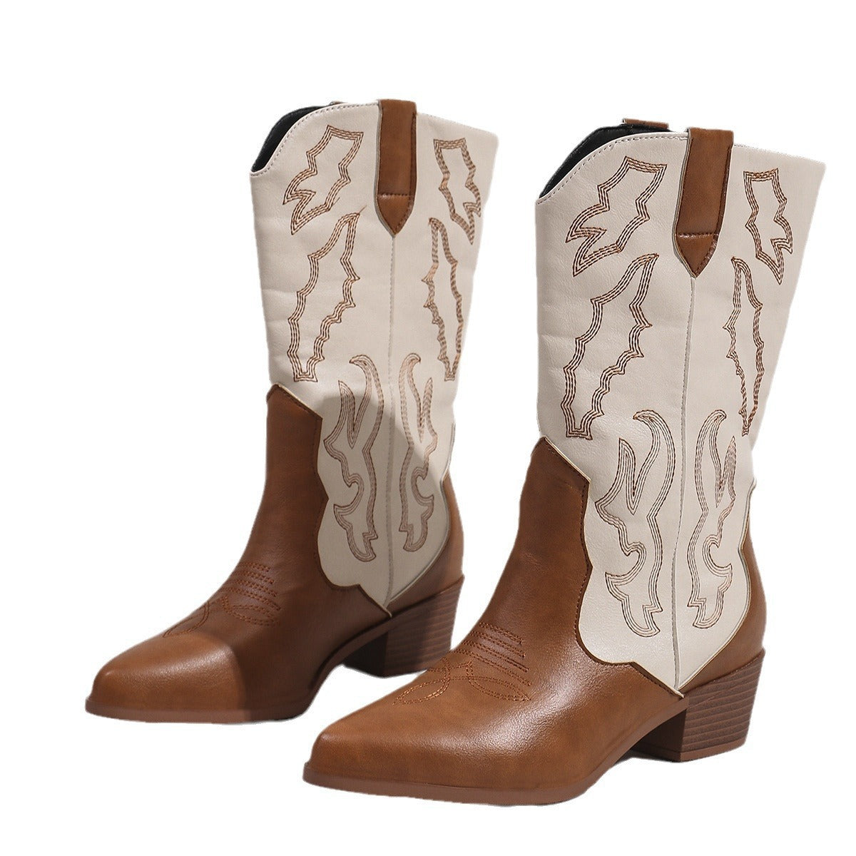 Damen nan Cowboystiefel im Westernstil mit mittelhohem Blockabsatz spitzer Zehenkappe und dekorativer Stickerei