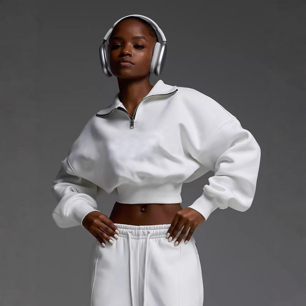 Damen nan kurzes Half-Zip Sweatshirt-Set mit hochtaillierter weiter Lounge-Jogginghose