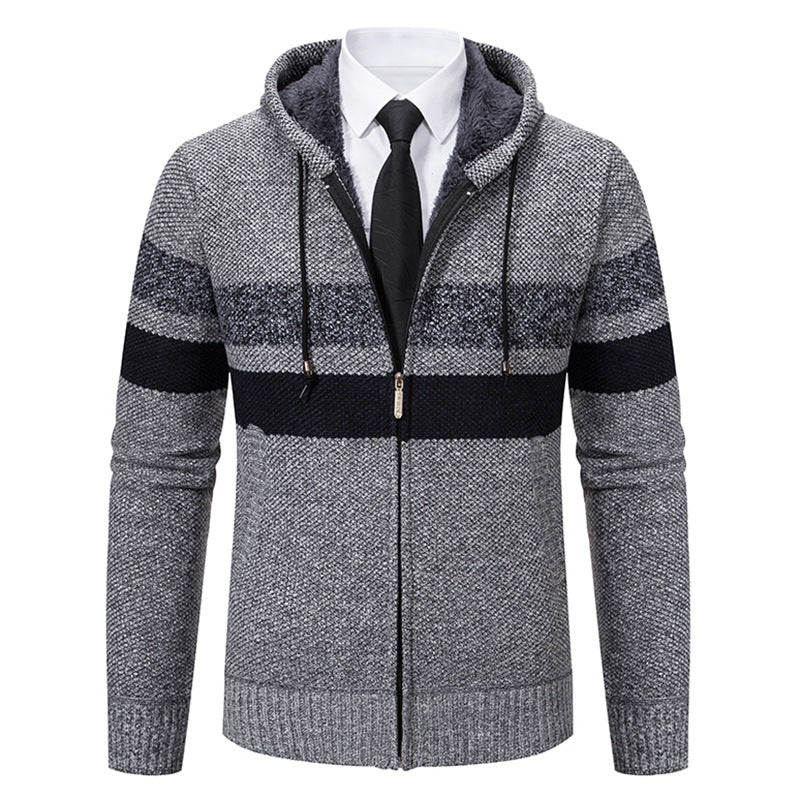 Herren nan gefütterte Kapuzen-Strickjacke mit Teddyfutter, durchgehendem Reißverschluss und kontrastierenden Streifen