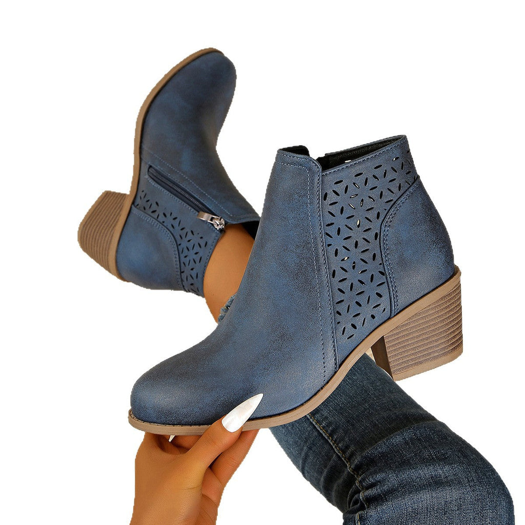 Damen nan knöchelhohe Stiefelette mit Laser-Cut-Perforation, seitlichem Reißverschluss und mittelhohem Blockabsatz