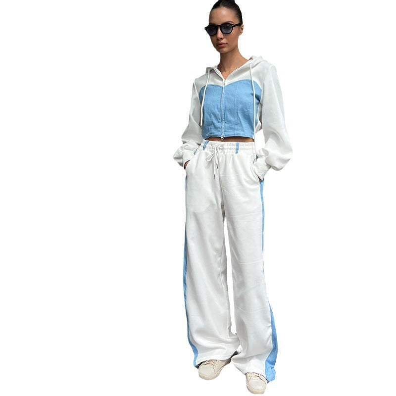 Damen nan zweiteiliges Cropped-Hoodie-Set mit Reißverschluss, elastischem Komfortbund und weitem Seitenstreifen-Hose