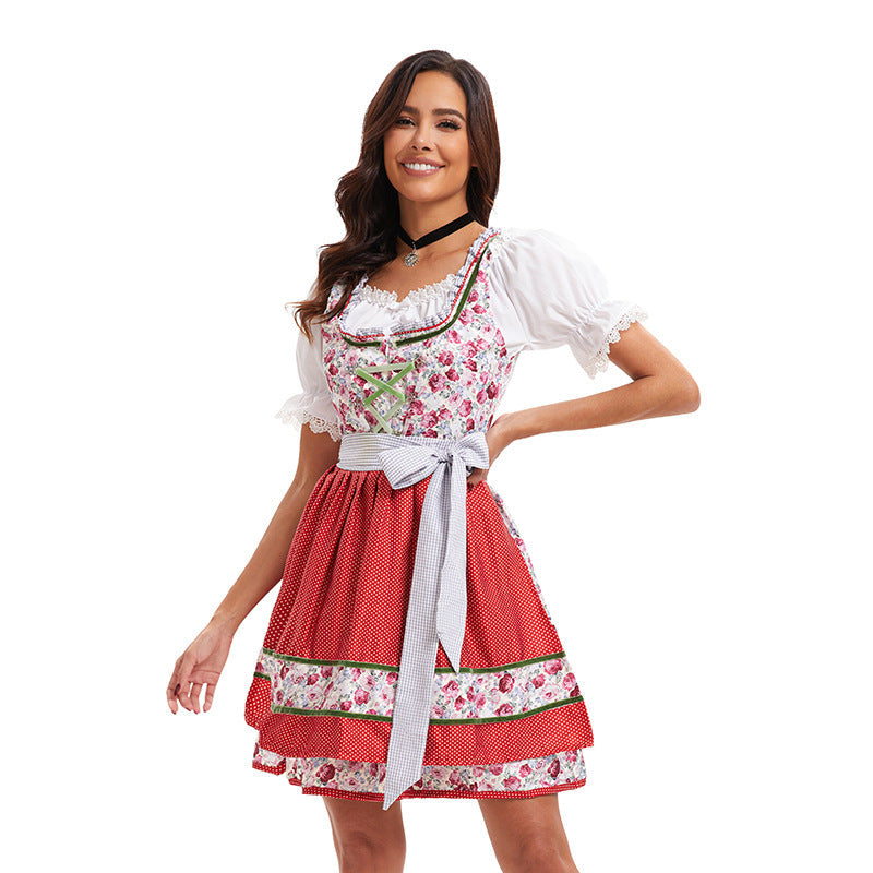 Damen nan kurzes traditionelles Dirndlkleid mit Spitzenbluse, Schnürung und dekorativer Schürze