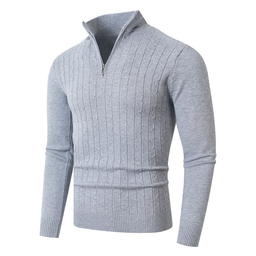 Herren nan gerippter Halbzip-Pullover mit Zopfmuster, Stehkragen und schmaler Passform