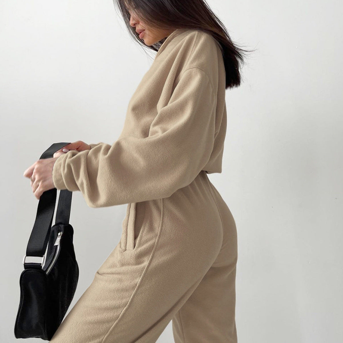 Damen nan kurz geschnittenes Thermo-Fleece-Set mit Halbfront-Reißverschluss und hohem Komfortbund