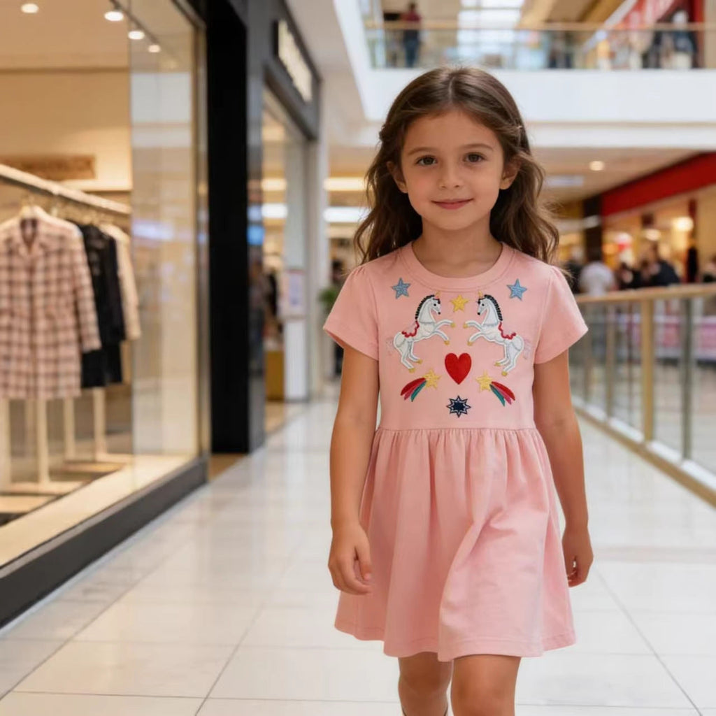 Mädchen Sommerkleid mit buntem Einhornmotiv und fröhlichen Applikationen