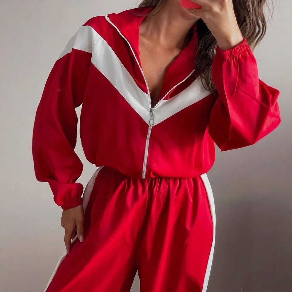 Damen nan Satin-Trackset mit Stehkragen, Chevron-Streifen und Kordelzug