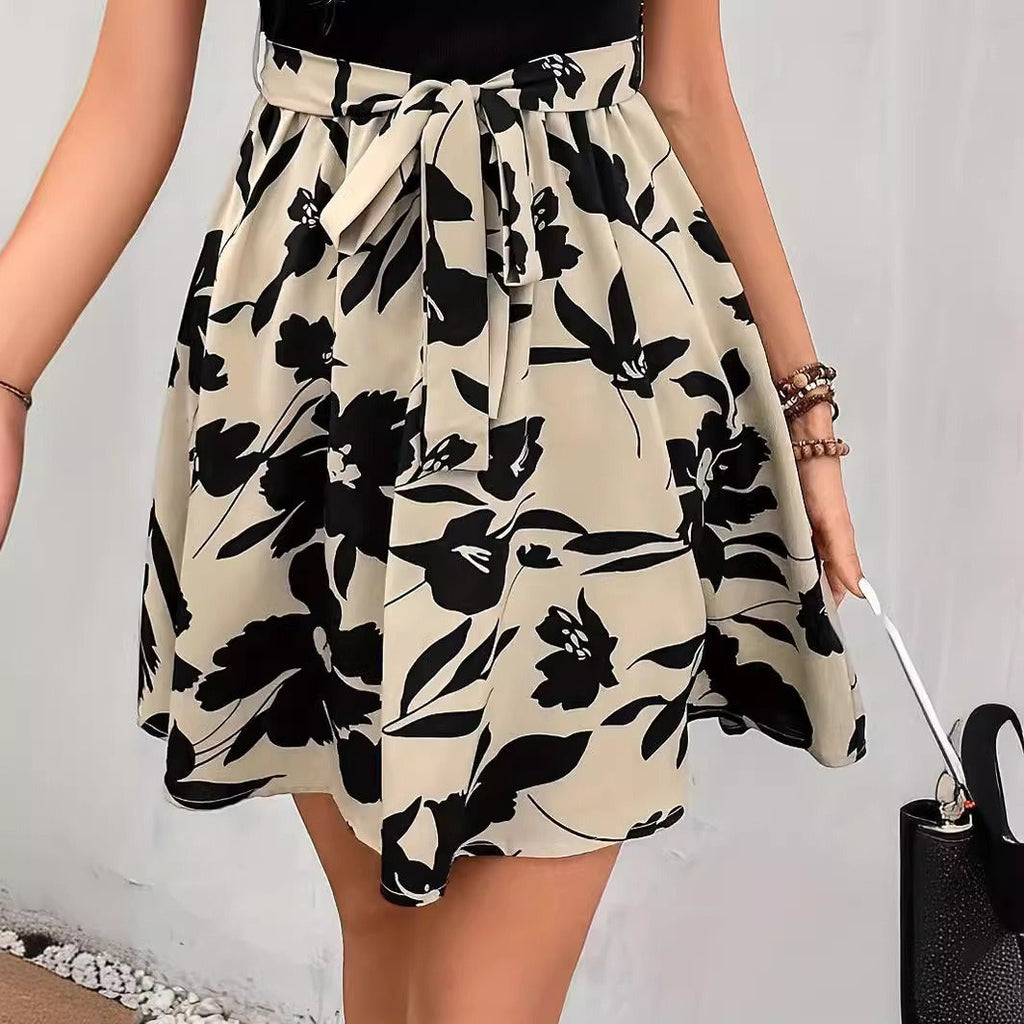 Damen A-Linien Rock mit floralem Design und dekorativem Bindegürtel Selmira