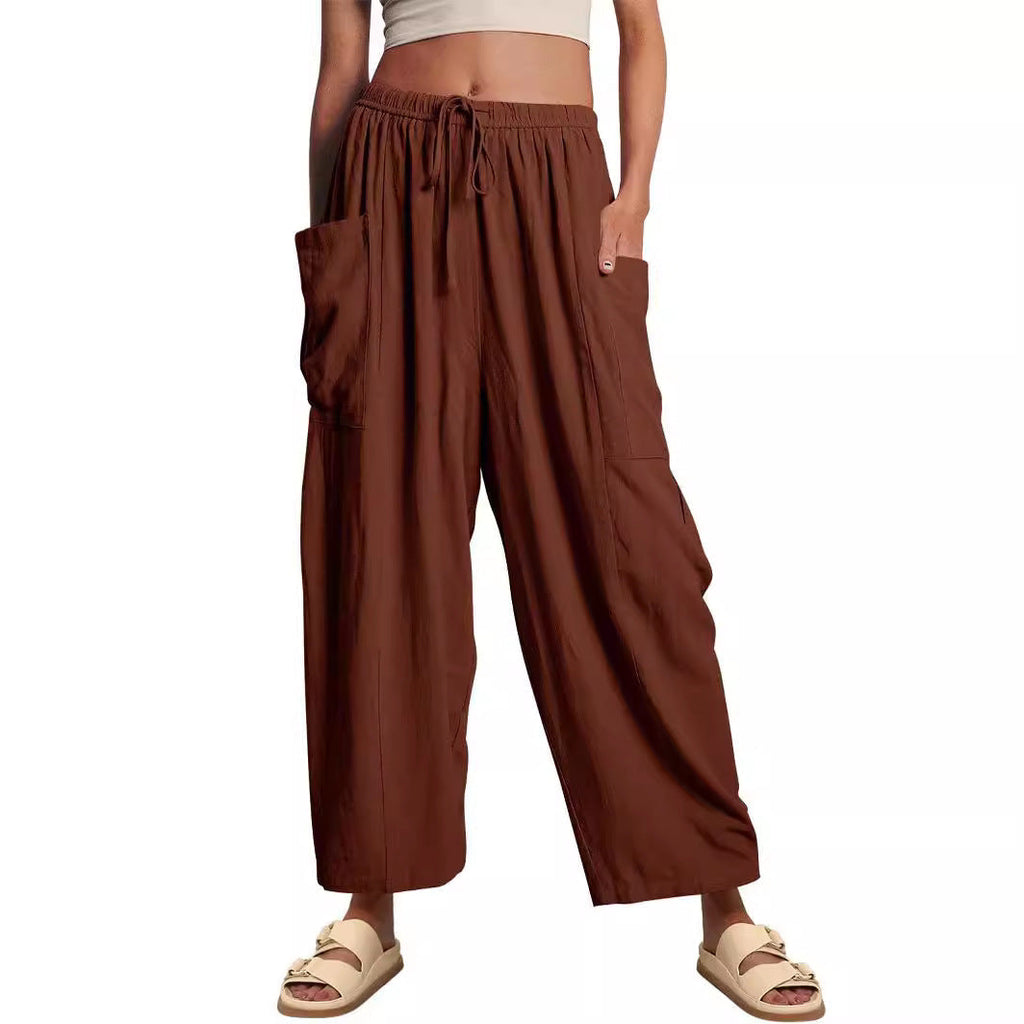 Damen nan weite Palazzohose aus leichtem Leinenmix mit Tunnelzug und seitlicher Tasche