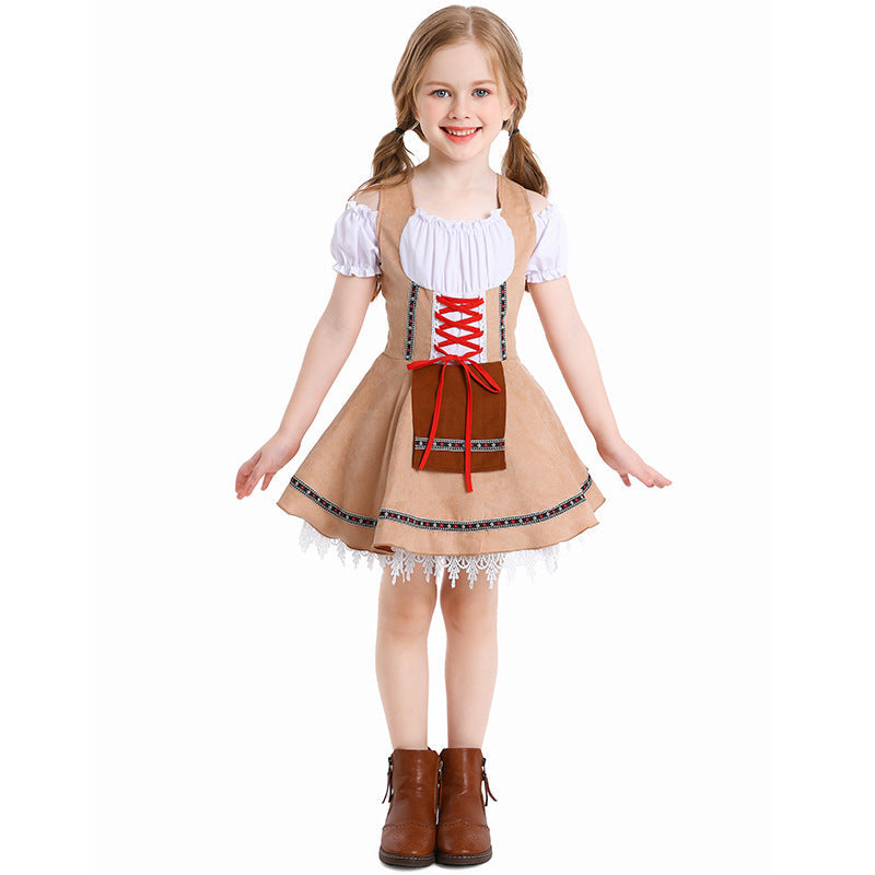 Damen nan traditionelles Kinderdirndl mit Schnürmieder, Spitzenunterrock und dekorativer Schürze