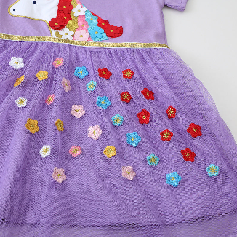 Mädchen Tüllkleid mit bunten Einhorn- und Blumenapplikationen