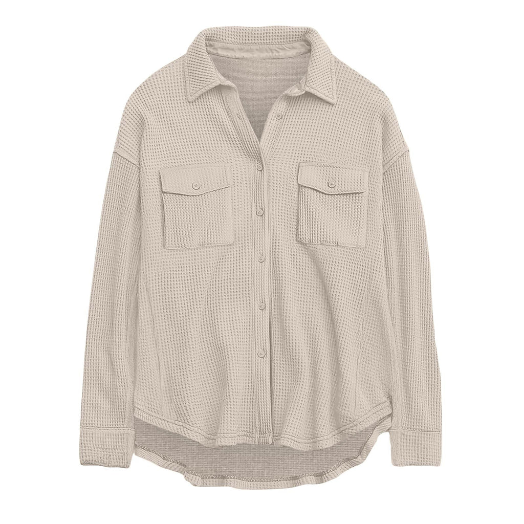 Damen nan oversized Waffelstrick Hemdjacke mit Brusttaschen und Knopfleiste