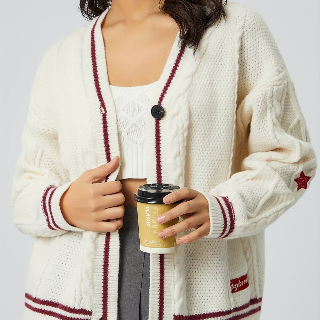 Damen nan oversized Zopfstrick Cardigan mit V-Ausschnitt und kontrastierenden Strickkanten