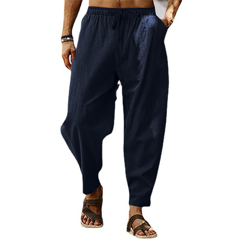Herren nan entspannte Harem-Loungehose aus Leinenmix mit weitem Bein, elastischem Bund, Kordelzug und seitlichen Eingrifftaschen