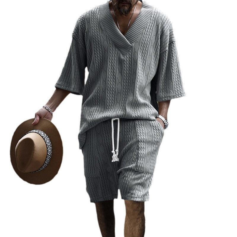 Herren nan lässiges Strick-Set mit V-Ausschnitt, Kurzarm-Oversize und Kordelshorts